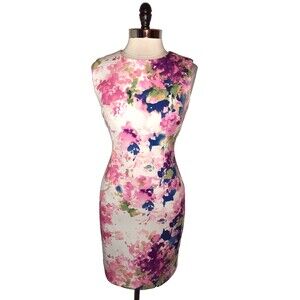 DKNY Size 12 Sheath Dress Pink White Green Floral Sleeveless Stretch Knee Length